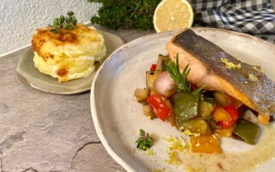 Lachsforelle mit Rahmkartoffeln & Ofengemüse
